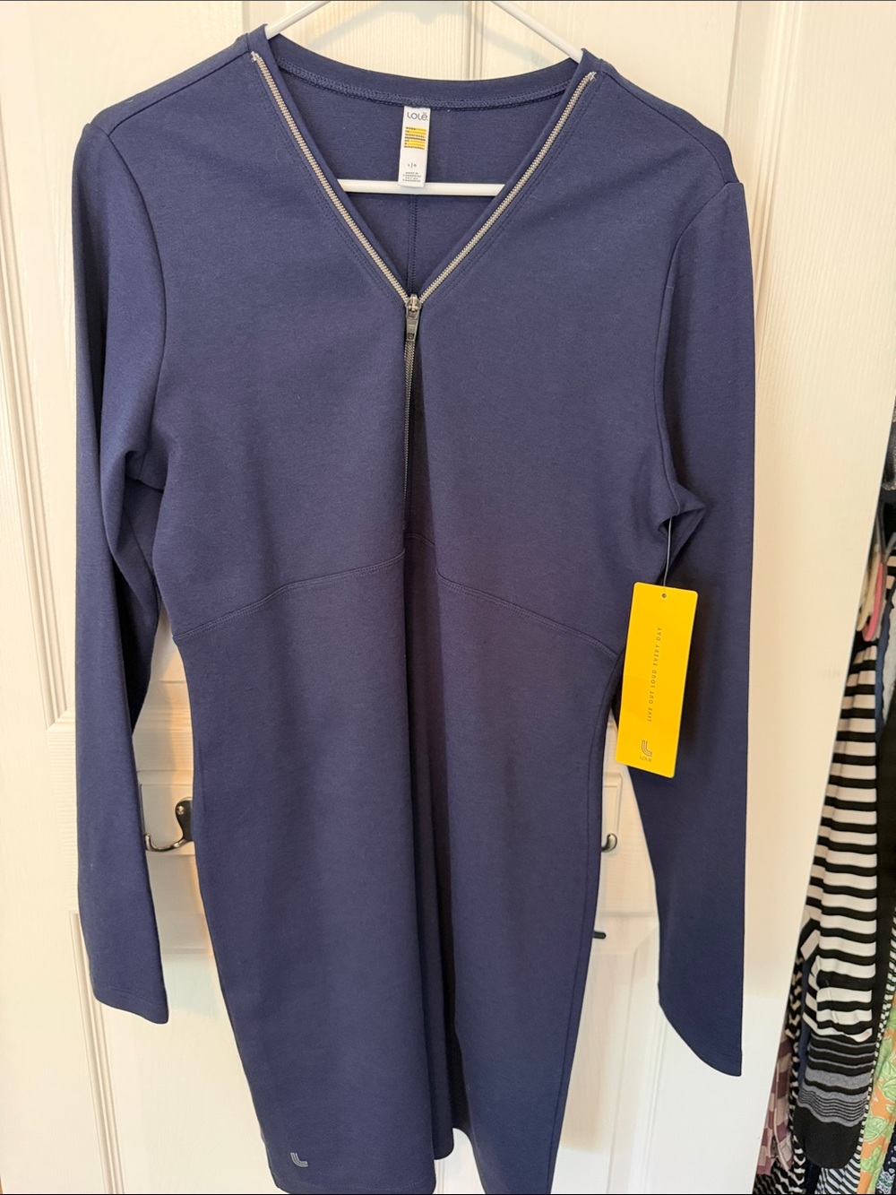 Lole stretch Women's Navy V-Neck Zip Sweater Dress NWT